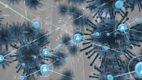 Animation of macro coronavirus cells spreading over network of connections with people icons