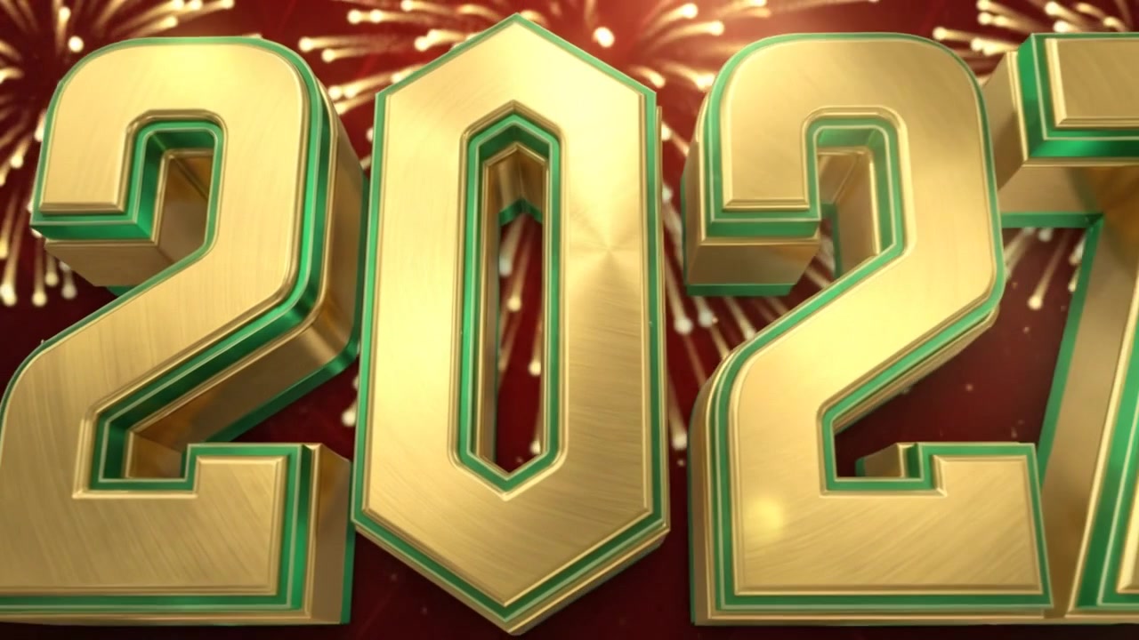 Motion graphic decorativo del numero 2027 con tipografia metallica verde oro