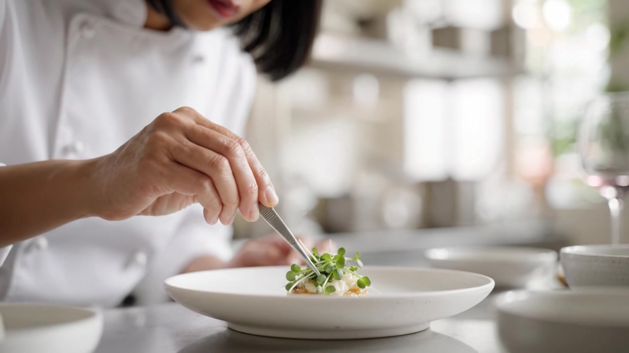 Artistry in Culinary Presentation: A Chef Elegantly Garnishing a Dish with Fresh Microgreens in a Professional Kitchen Environment