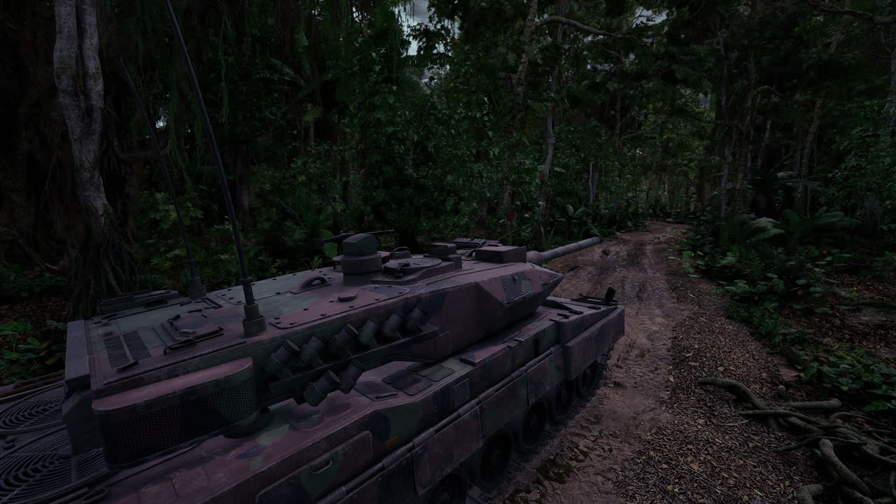 Military tank navigating through dense jungle terrain during twilight hours