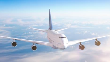 airplane flying above clouds and beautiful blue sky in sunlight, travel trip with airplane, aerial view of flying aeroplane background.