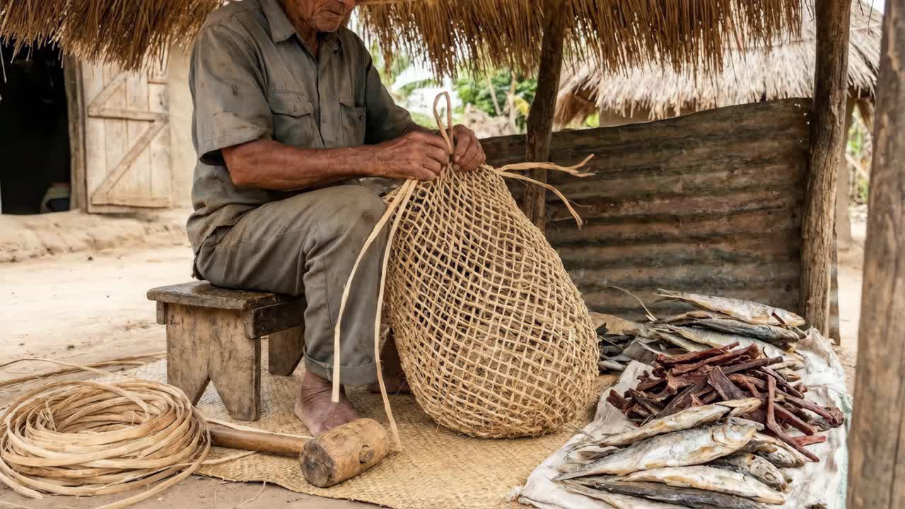 Uomo che intreccia un cesto tradizionale