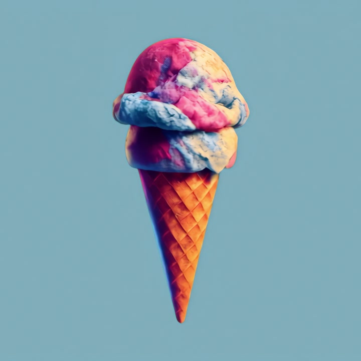 Cono gelato multicolore che ruota vorticosamente su sfondo blu