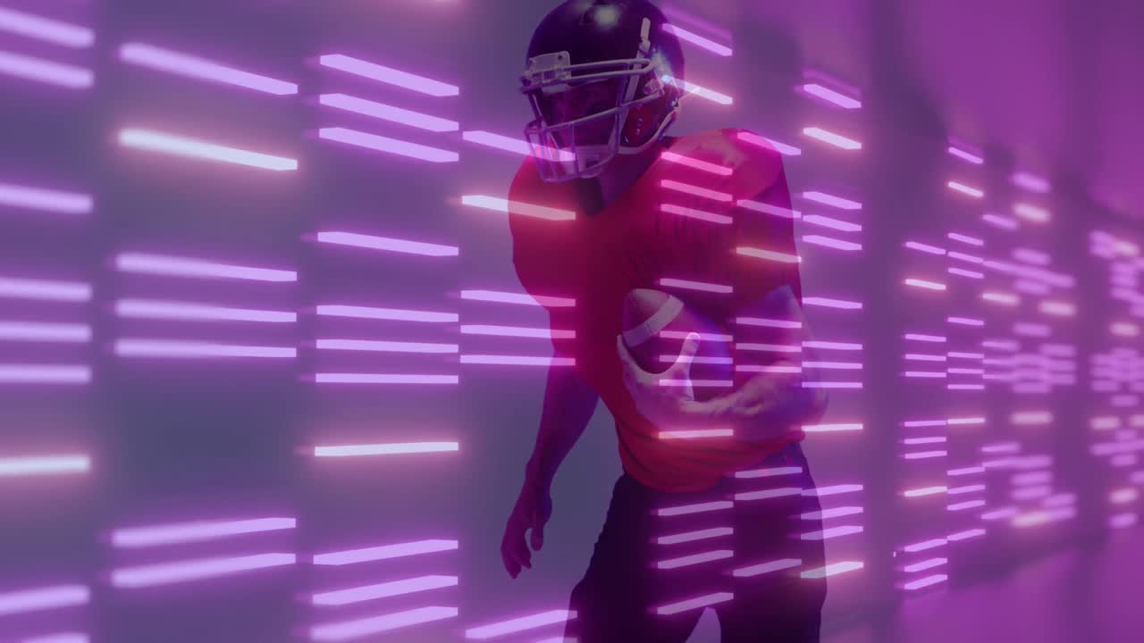 animación de líneas de neón sobre jugador de fútbol americano en fondo de neón.