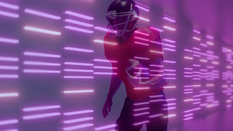 animation of neon lines over american football player on neon background