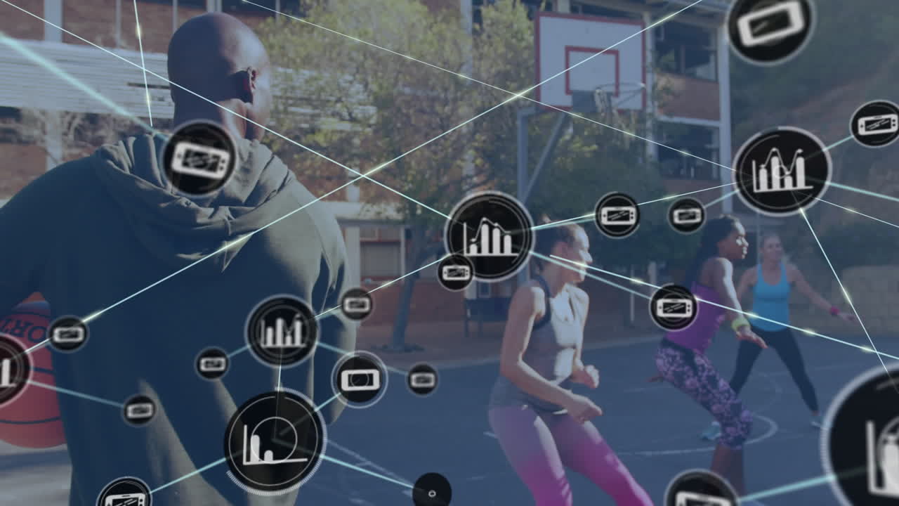 animación de redes de conexiones sobre jugadoras de baloncesto