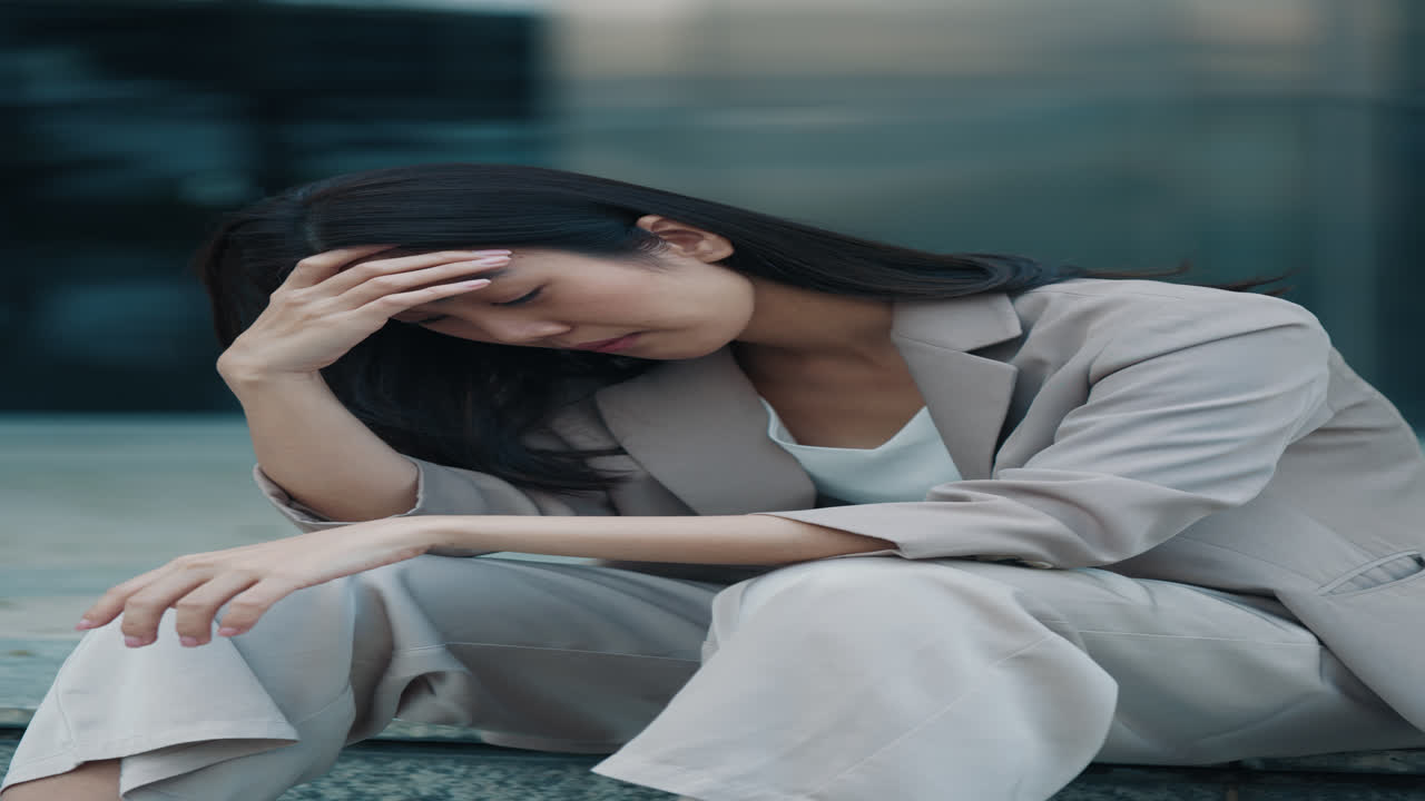 Depressed Businesswoman Sitting on Stairs