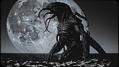 monstrous, lovecraftian creature with tentacles rising from dark waters under a large, ominous full moon creates a chilling and suspenseful atmosphere