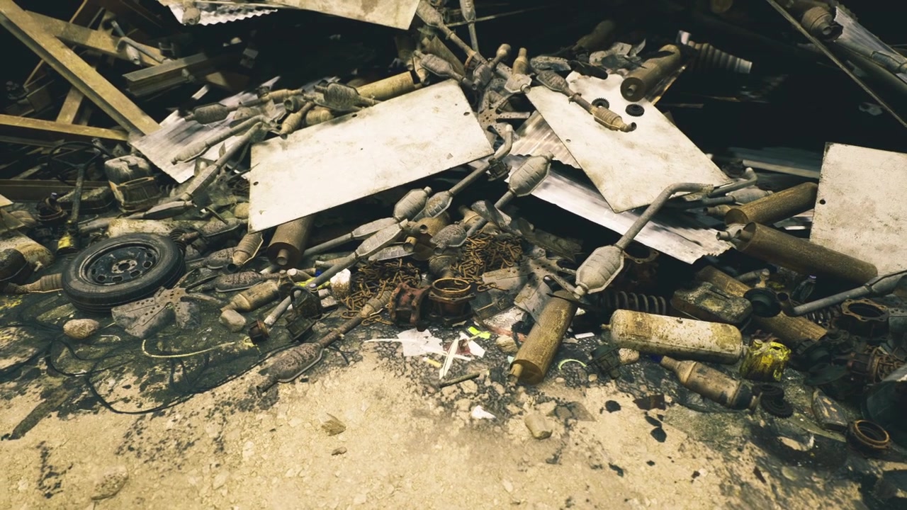 Scrap heap with broken tools disorganized metal debris on rugged surface