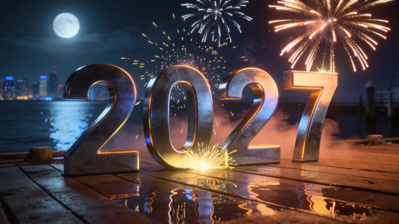 Faísca acendendo, fogos de artifício sendo lançados e iluminando os dígitos 2027 de metal em um píer ao luar