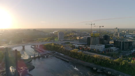 aerial of i-35w mississippi river bridge morning traffic and new construction