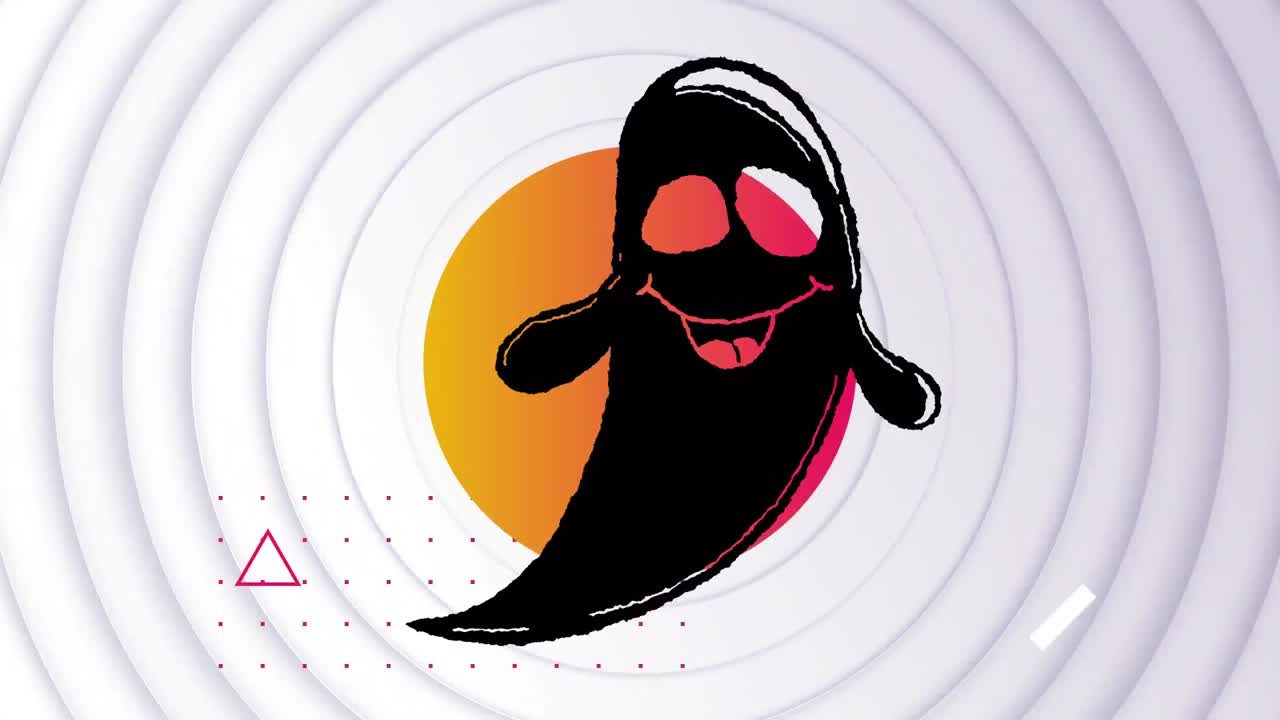 Animation of glitch over ghost and circles on white background