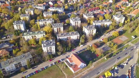 aerial orbit drone shot of blocks of flats in a sub-urban area near budapest, hungary