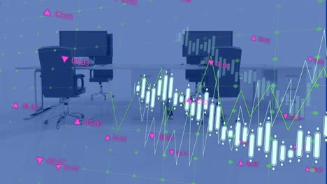 Animation-of-data-processing-over-grid-network-against-empty-office