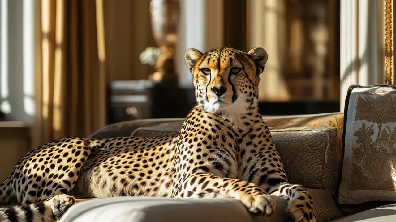 Cheetah resting on a luxury sofa
