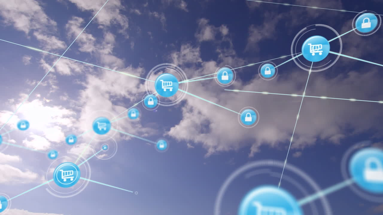 animación de la red de conexiones con iconos sobre el cielo