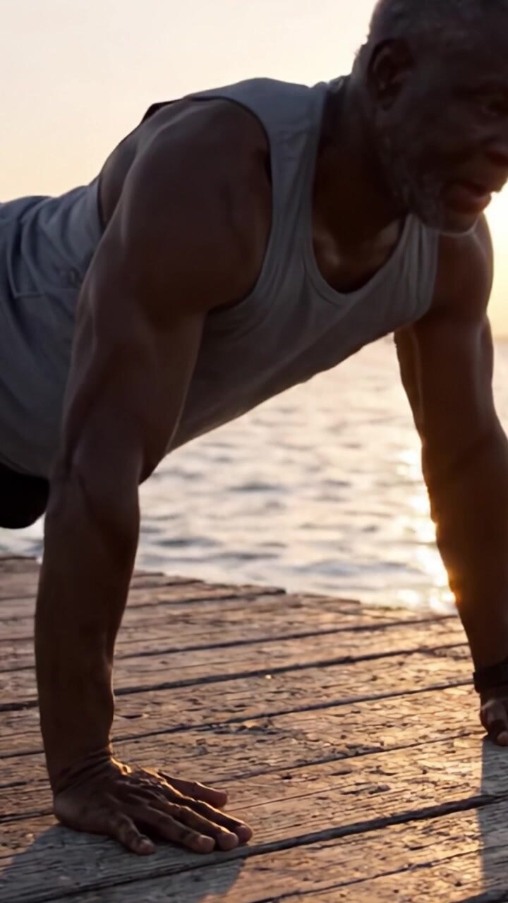 A Strong Individual Performing Push-Ups at Sunrise on a Scenic Waterfront, Showcasing Strength and Dedication to Fitness in a Beautiful Setting
