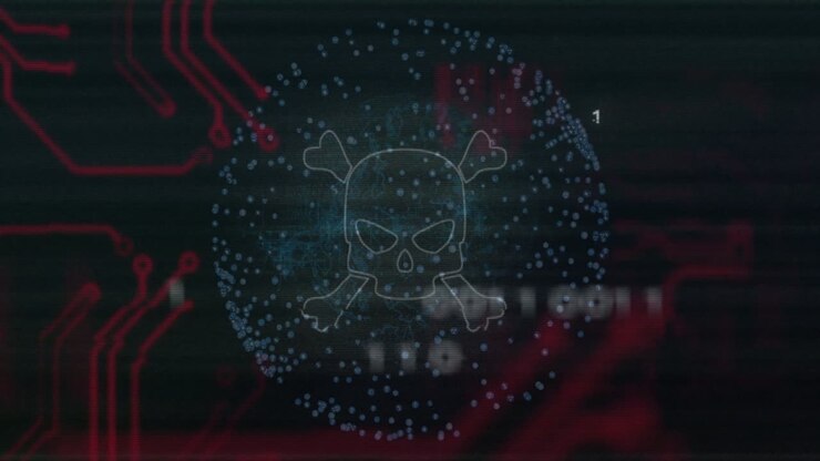 Skull and crossbones with binary code and circuit patterns in digital animation