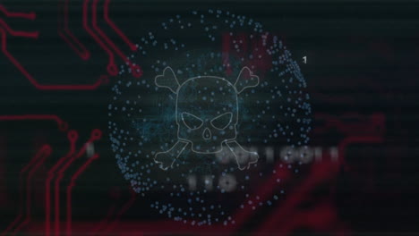Skull and crossbones with binary code and circuit patterns in digital animation