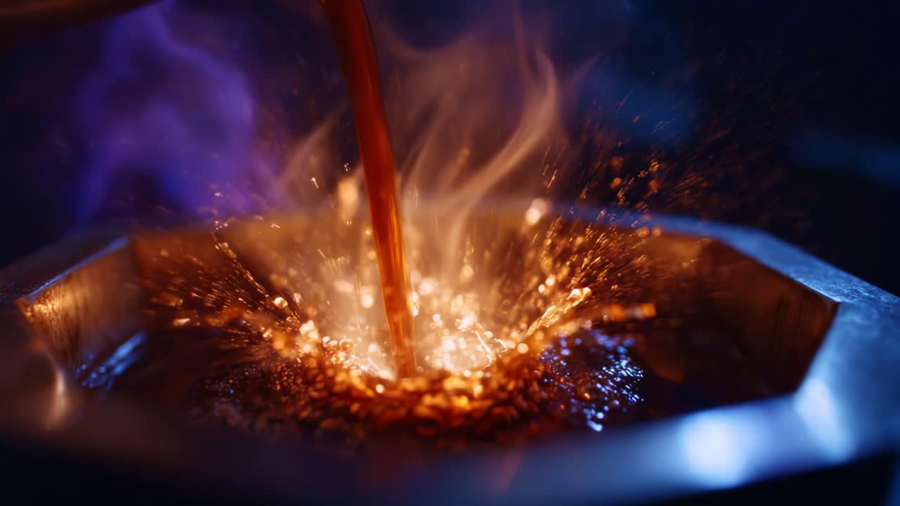 Captivating Transformation: The Art of Liquid Flow and Texture in a Glowing Brew, Highlighting the Intricate Process of Pouring and the Dance of Light and Color