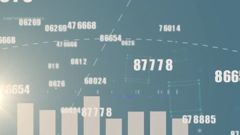 animation of multiple changing numbers over statistical data processing against blue background