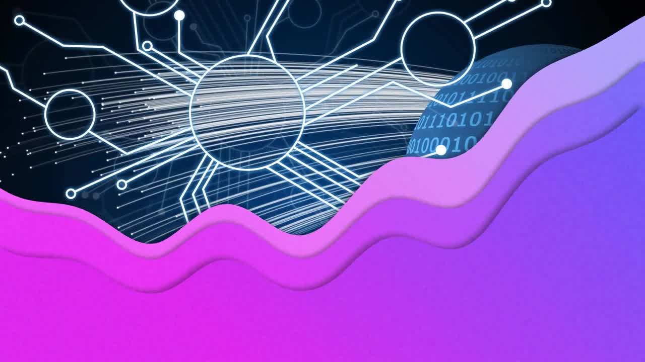 Animation of network of connections with purple abstract figure over navy background
