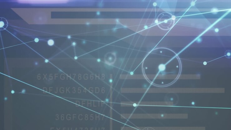 Animation of communication networks, processing data and glowing lights on dark background