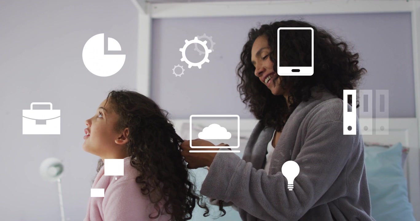 Mother reaching into child's hair on bed grooming curls as health icons floating, marking sections