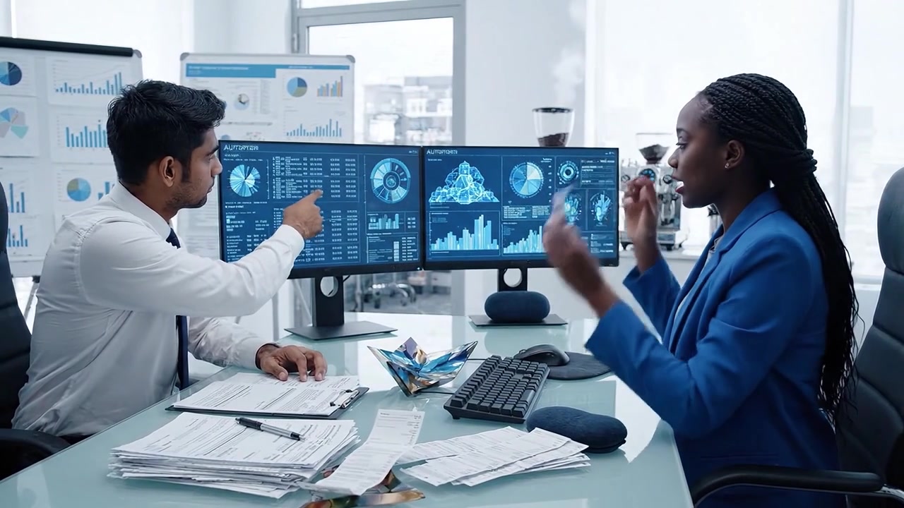 In a modern office, a focused man and a professional woman analyze data on dual screens, showcasing teamwork and strategy in a business environment.