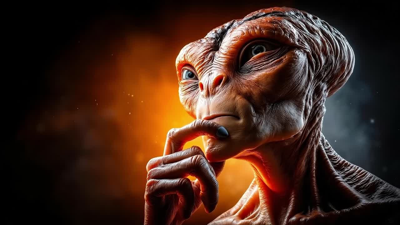 An alien with his hand on his chin looking at the camera