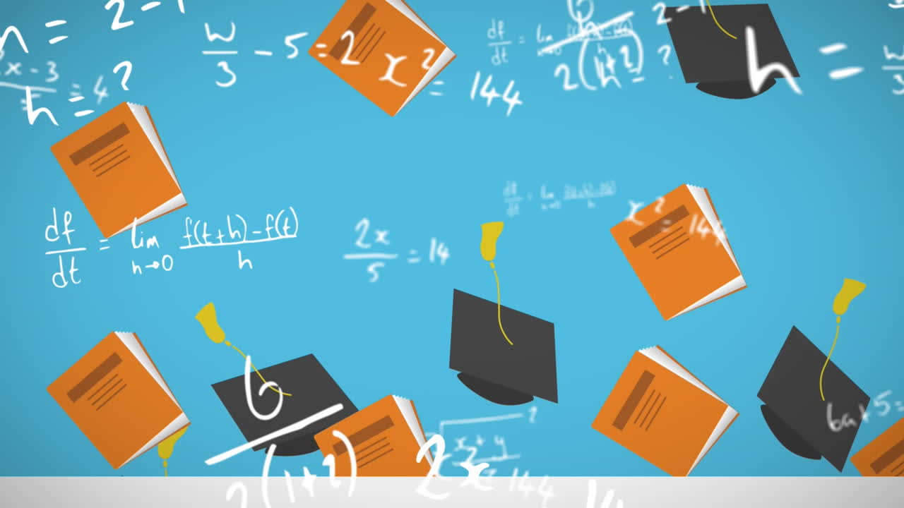 Animasi persamaan matematika dan topi wisuda di latar belakang biru