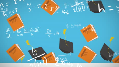 animación de ecuaciones matemáticas y sombreros de graduación sobre fondo azul