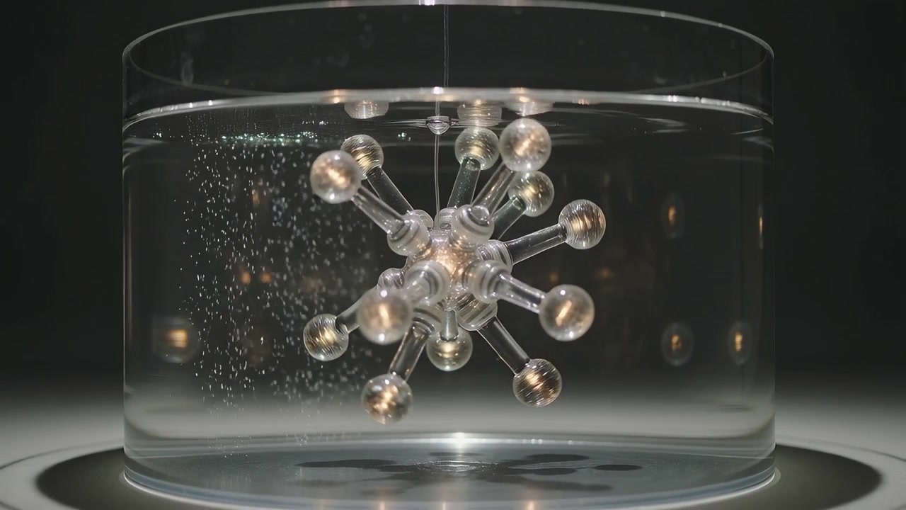 Rising bubbles causing multi-armed sphere rotating and wobbling in clear tank on lit base, filament