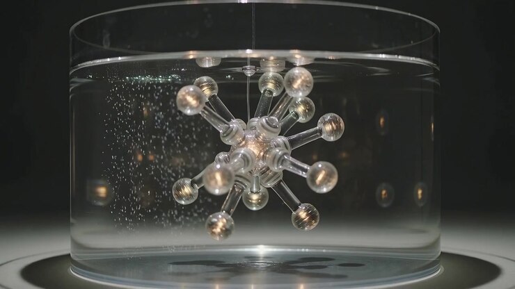 Rising bubbles causing multi-armed sphere rotating and wobbling in clear tank on lit base, filament