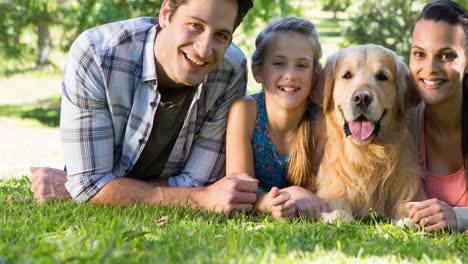 happy caucasian parents and daughter lying with their pet golden retriever dog in park