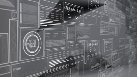 animation of data processing over screens on grey background