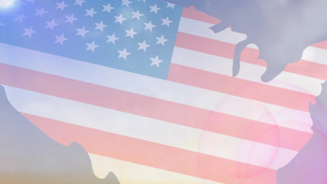 animation of american flag and map over sky