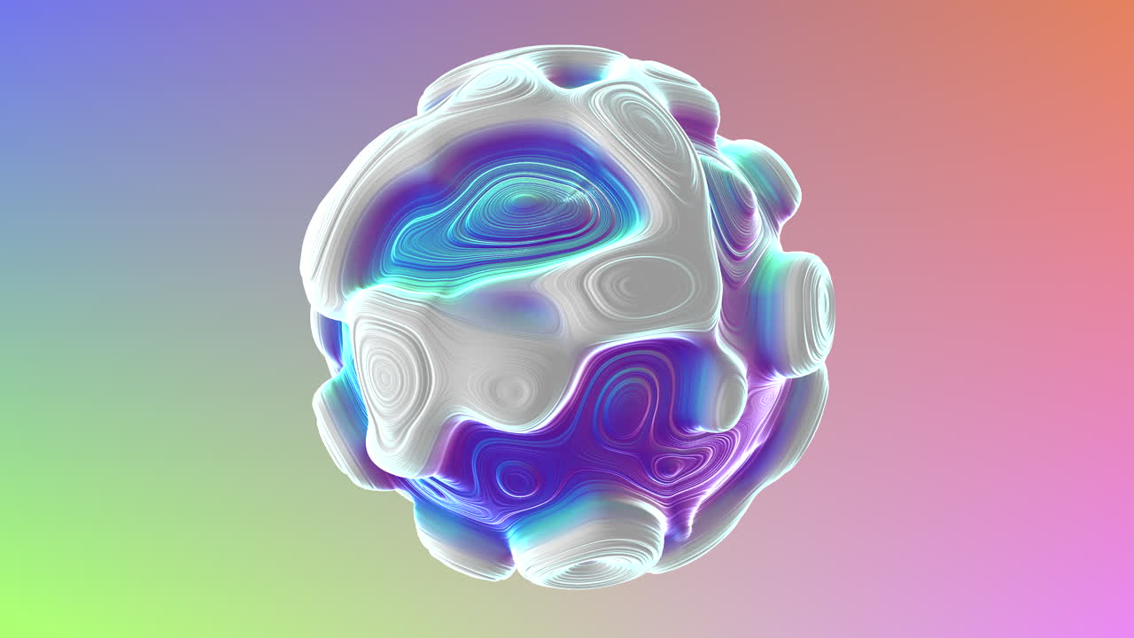 A colorful 3D sphere composed of various shapes and lines, swirling with vibrant colors, evoking a psychedelic and abstract visual experience, leaving its purpose open to interpretation