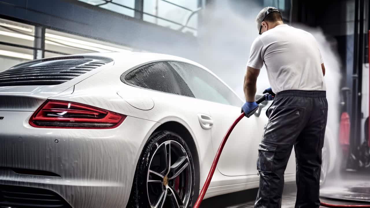 Low-angle shot of a man washing a luxury car with a hose, capturing the dynamic motion and detailing