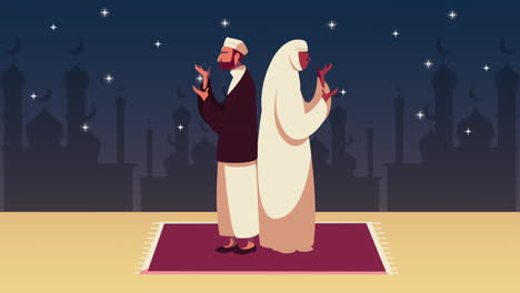 ramadan kareem animation with muslim couple praying at night scene