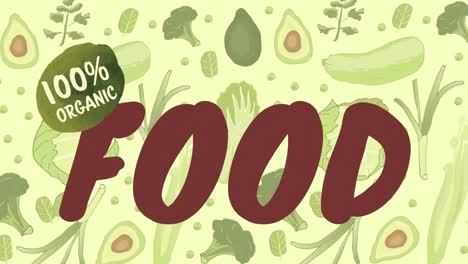 animation of organic food text over vegetables icons