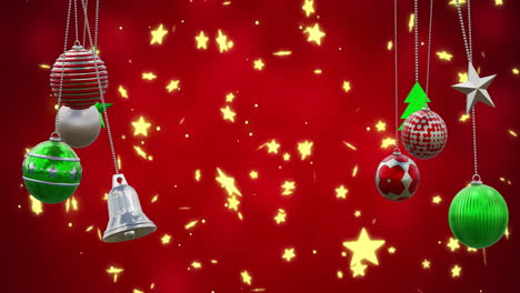 animation of christmas baubles decoration and stars on red background