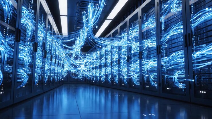 Illuminated Data Center Corridor with Electric Blue Fiber Optic Cables Connecting High-Tech Server Racks: A Glimpse into Modern Networking Infrastructure