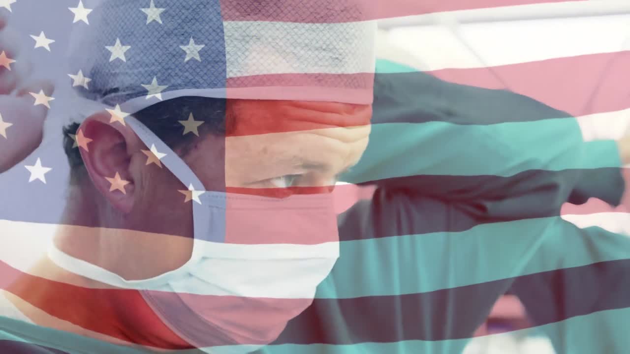 수술실 에서 외과 의사 들 위 에 흔들리는 미국 국기 의 애니메이션