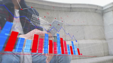 animation of financial data processing over biracial man using smartphone