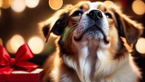 a brown and white dog sitting next to a red gift box