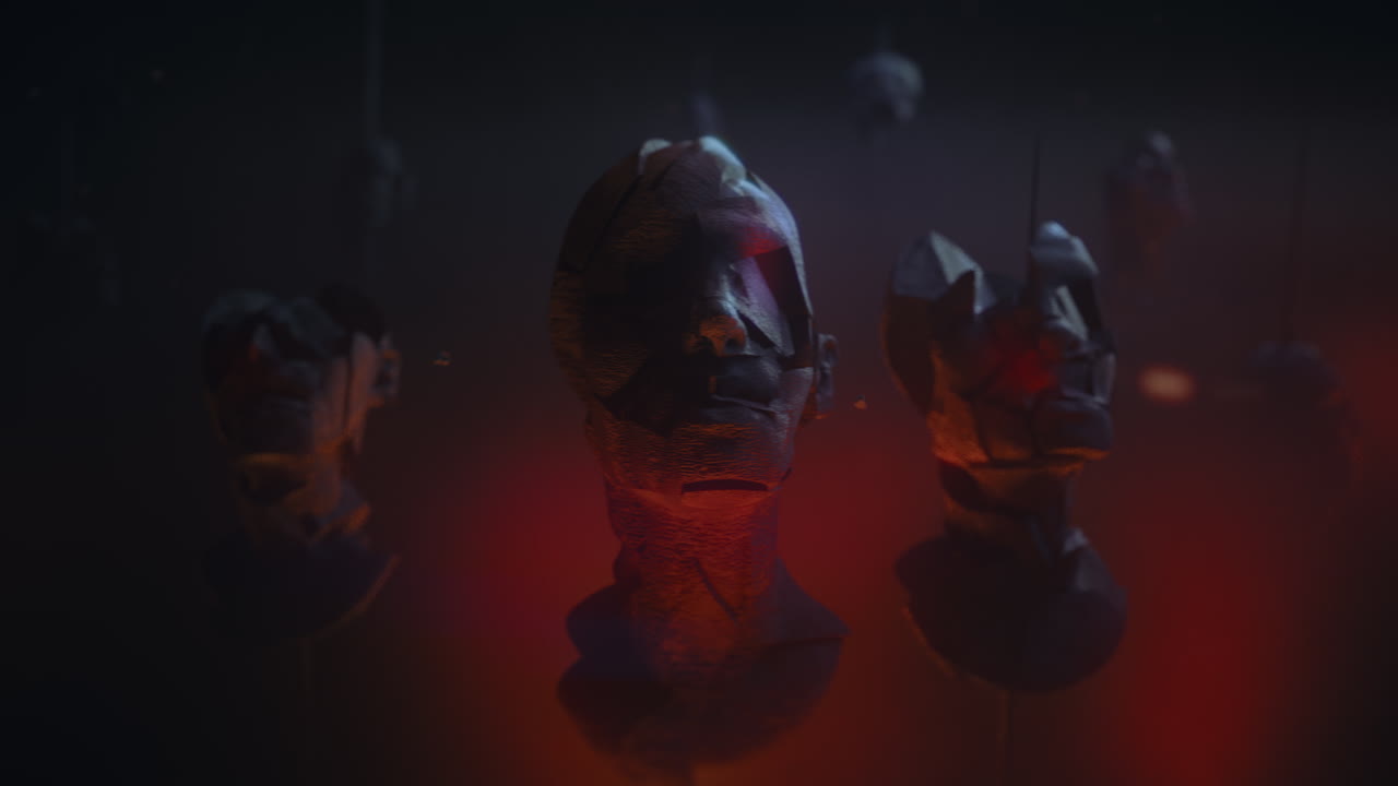 Crushed android heads on spikes in hell