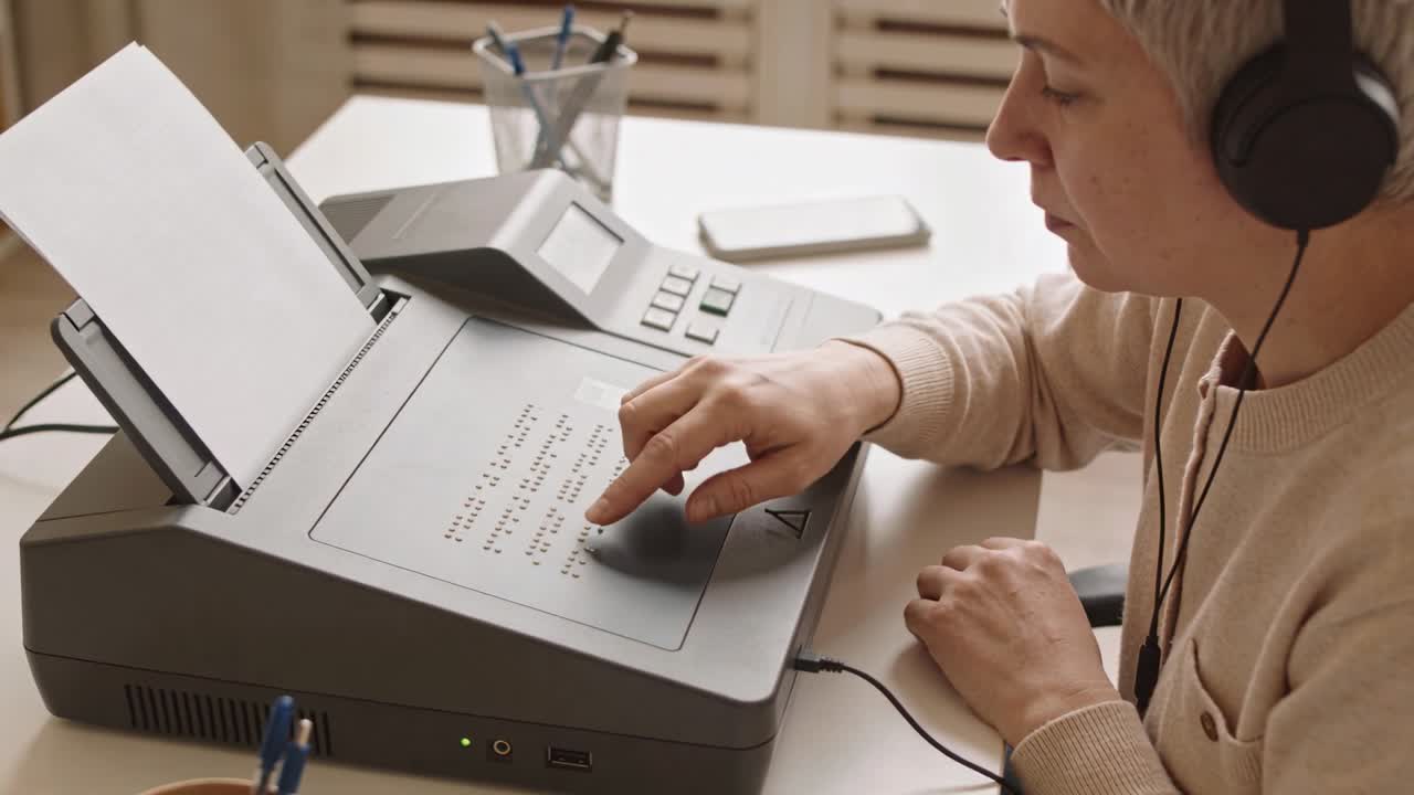 Man at desk placing right finger on braille display, moving across lines, reading for accessibility