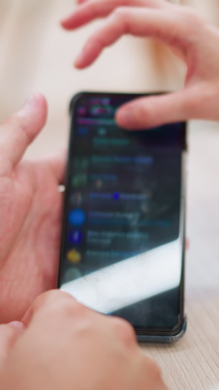 primer plano de manos sosteniendo el teléfono inteligente con una mano operando el dispositivo, usando un anillo, la pantalla muestra una interfaz de aplicación de mensajería, la iluminación se refleja suavemente en el teléfono