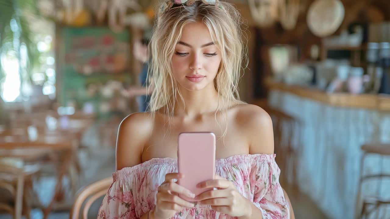 Woman using her mobile phone in a cafe